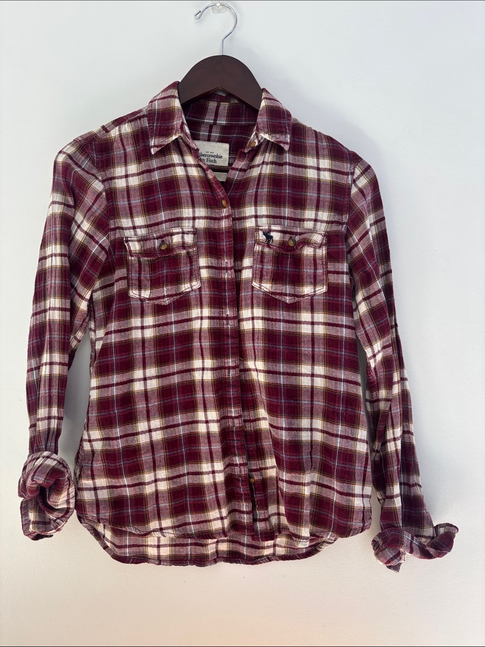 Abercrombie & Fitch Maroon and Cream Plaid Flannel Shirt